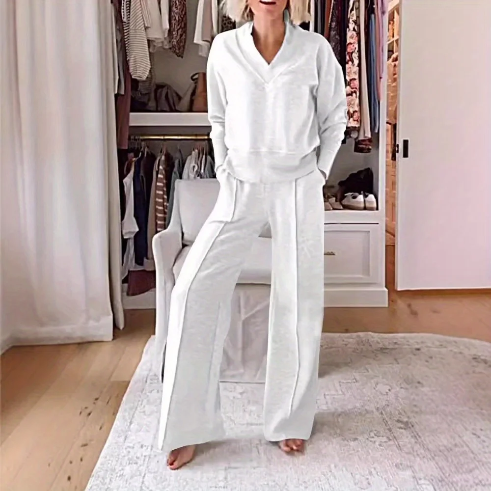

Comfortable Daily Outfit Women's Casual Two-Piece Set V-Neck Long-Sleeve Loose Top Wide-Leg Pants