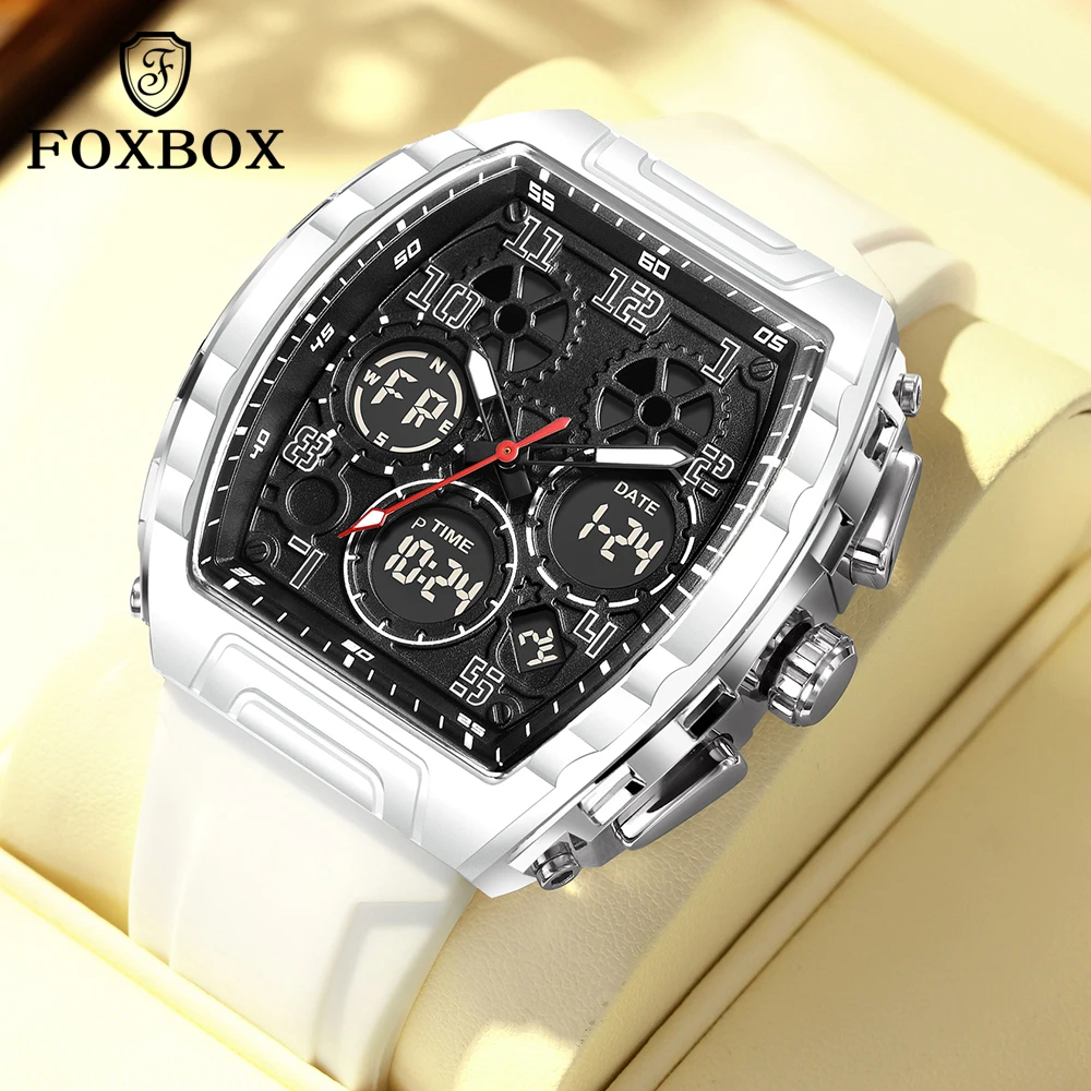 Foxbox Men Sports Digital Wrist Watches For Male Clock Dual Display Man Tonneau Watches Chronograph Luminous Silicone Band Watch