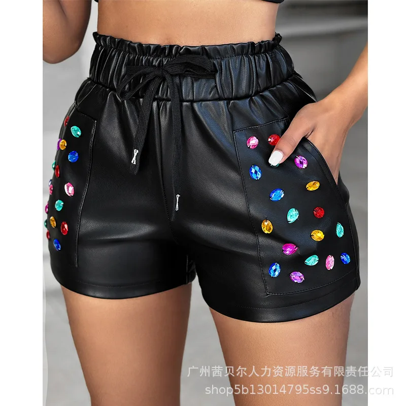 2024 Summer Spring New Women's Closing Color Rhinestone Pu Drawstring Elastic Waist Shorts Pants Sexy Fashion Shorts