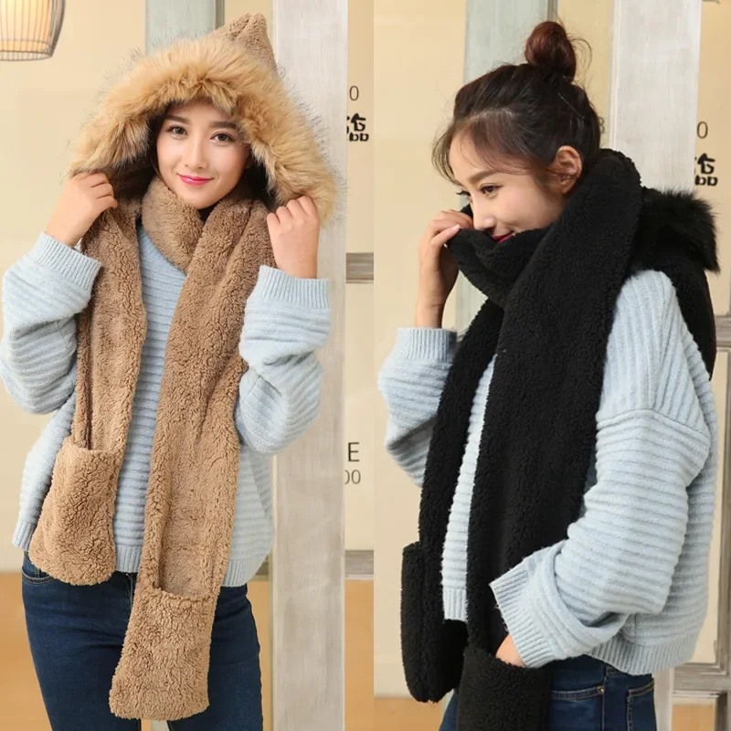 Brand Oohmy Winter Warm Women Hoodie Hat/Scarf/Gloves Set Soft Plush Thick Warm Cap Cold Weather Scarf Wraps