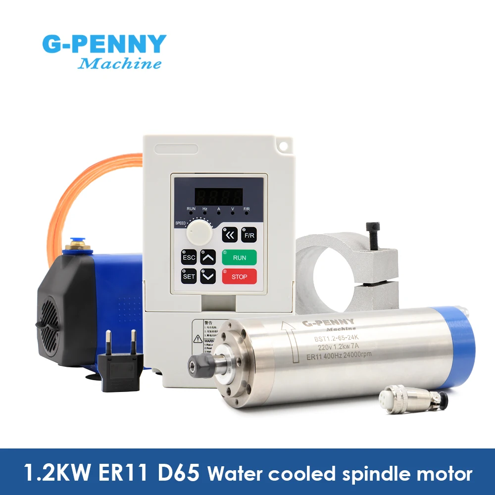 

G-PENNY 1.2kw ER11 Water Cooled Spindle Motor Kits 220v 400Hz 4 Bearings CNC Spindle& 1.5kw Inverter & 65mm Bracket & Water pump