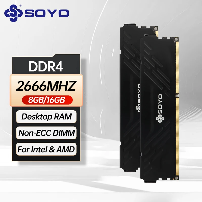 Módulo de Memória RAM SOYO DDR4 de Alta Velocidade 2666MHz 8GB 16GB para Desktop, PC4-21300 1.2V CL20 288-Pinos Non-ECC Unbuffered DIMM para Intel AMD