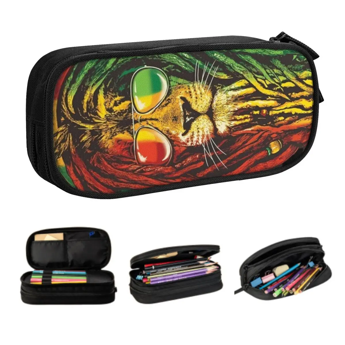 Custom Rasta Reggae Lion Sunglass Art Pencil Case for Jamaican Jamaica Pride Rastafarian Lover Pen Box Bag Stationery