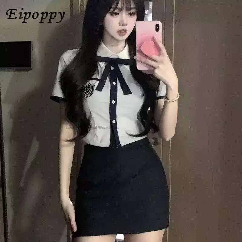 ウエストラップシャツとプリーツスカートセット、韓国の制服スタイル、コラージファッション、jkセット