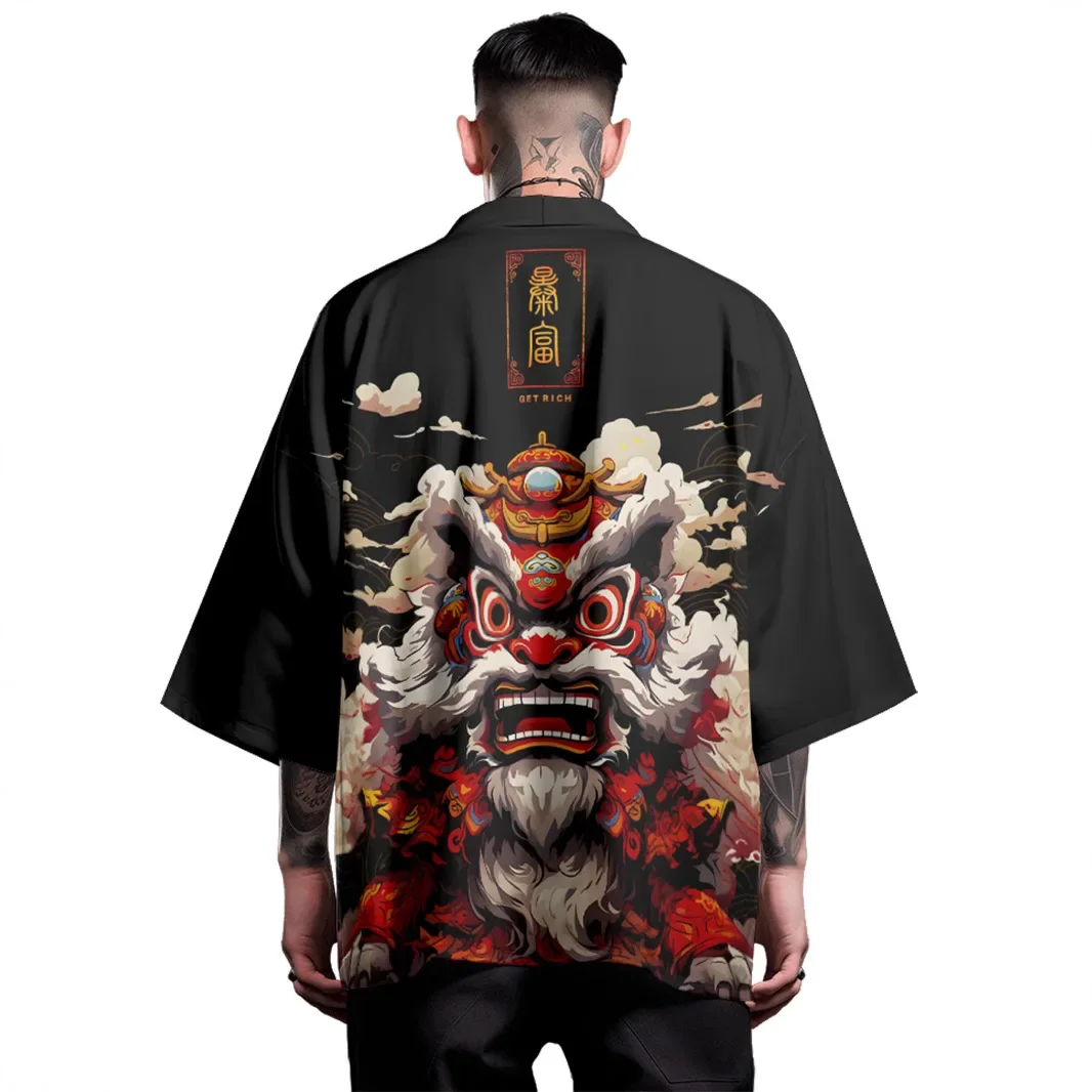 Anime Lion Dance Fashion Loose Japanese Cosplay Kimono Cardigan Men Black Yukata Haori Women Traditional Asian Clothing