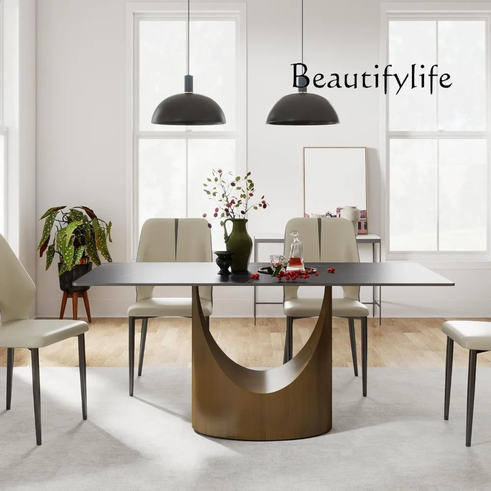 

Modern Dining Table for 4-6, Black Rectangle Dining Table, Sintered Stone Dining Tabletop with U-Shape Carbon Steel Pedestal