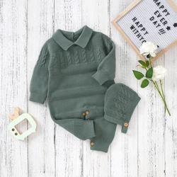 Cotton Baby Romper Knit Newborn Girl Boy Solid Jumpsuit Outfit Fashion Turndown Collar Infant Clothes Hat Long Sleeve Autumn 2PC