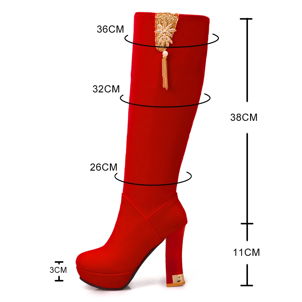 Autumn Winter Knee High Boots Women Black Red Women\'s High Boots Luxury Tassel High Heel Long Boots Fashion Party wedding Shoes