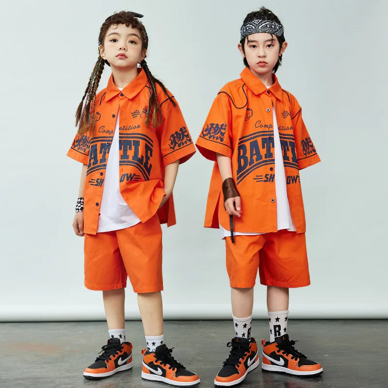 Kid Kpop Hip Hop Clothing Orange Letter Short Sleeve Shirt Top Casual Summer Shorts for Girl Boy Jazz Dance Costume Clothes Set