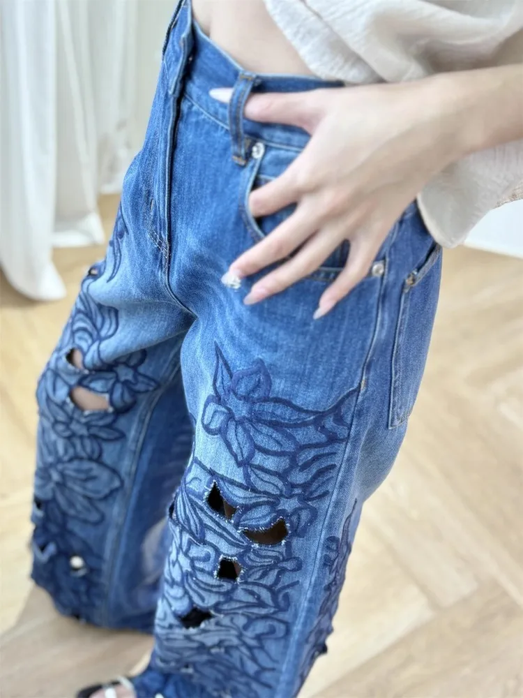 Celana Jeans Wanita Musim Panas Celana Panjang Lurus Bordir Bunga Celana Panjang Denim Pinggang Tinggi Antik Berongga Kasual Pakaian Jalanan Desainer