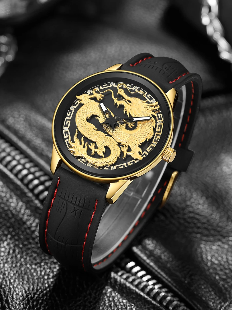 Dragon Clock Quartz Wristwatch Men Watch Black Gold Watches High Quality Engraving Dial Case Reloj Man Hombre Relogio Masculino