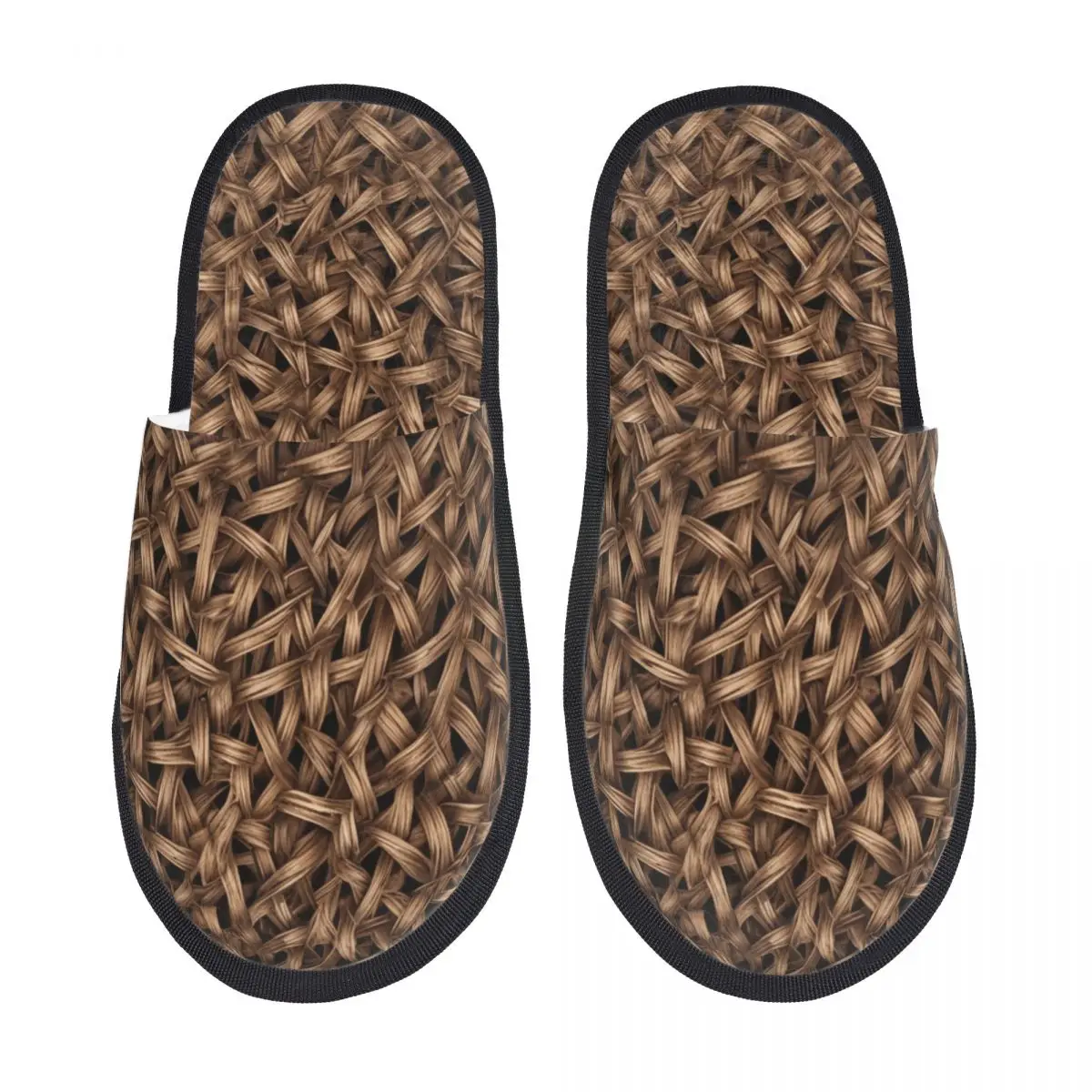 Custom Brown Wicker Weave Pattern Guest Slippers for Bedroom Women Boho Bohemian House Slipper