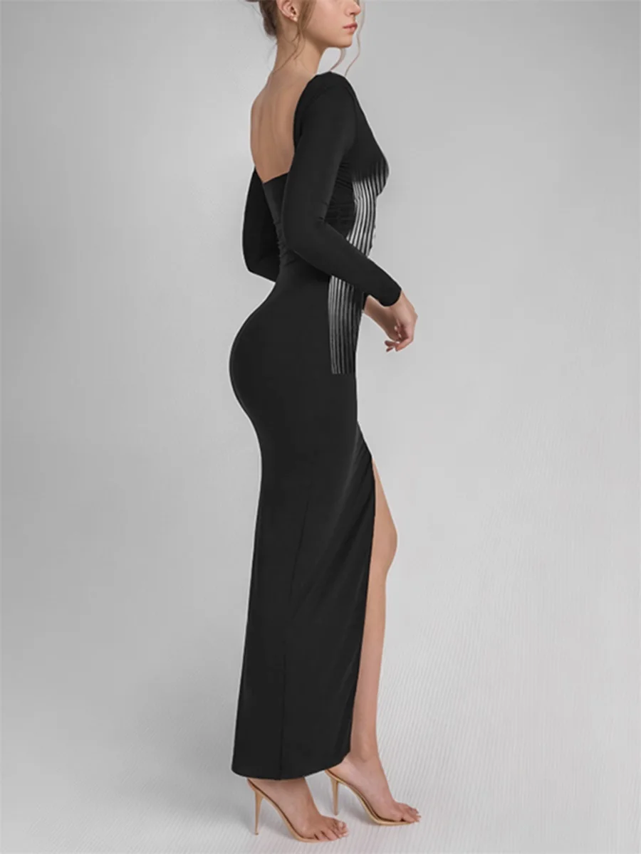 Women Long Dress Long Sleeve V Neck Slit Dress Female Body Print Cocktail Dress for Party