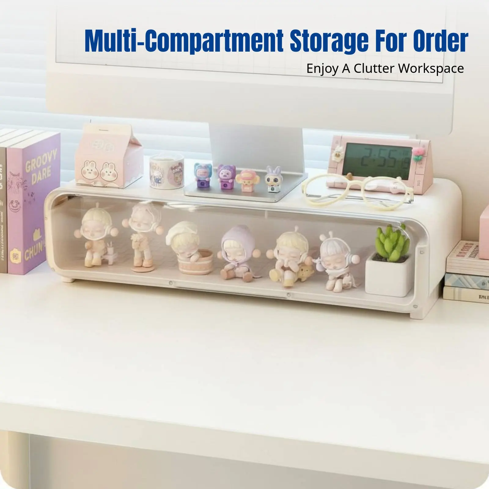 Desktop Screen Riser, Clear Storage Rack, Display Stand for Figures, Office, Student Desk Organizer