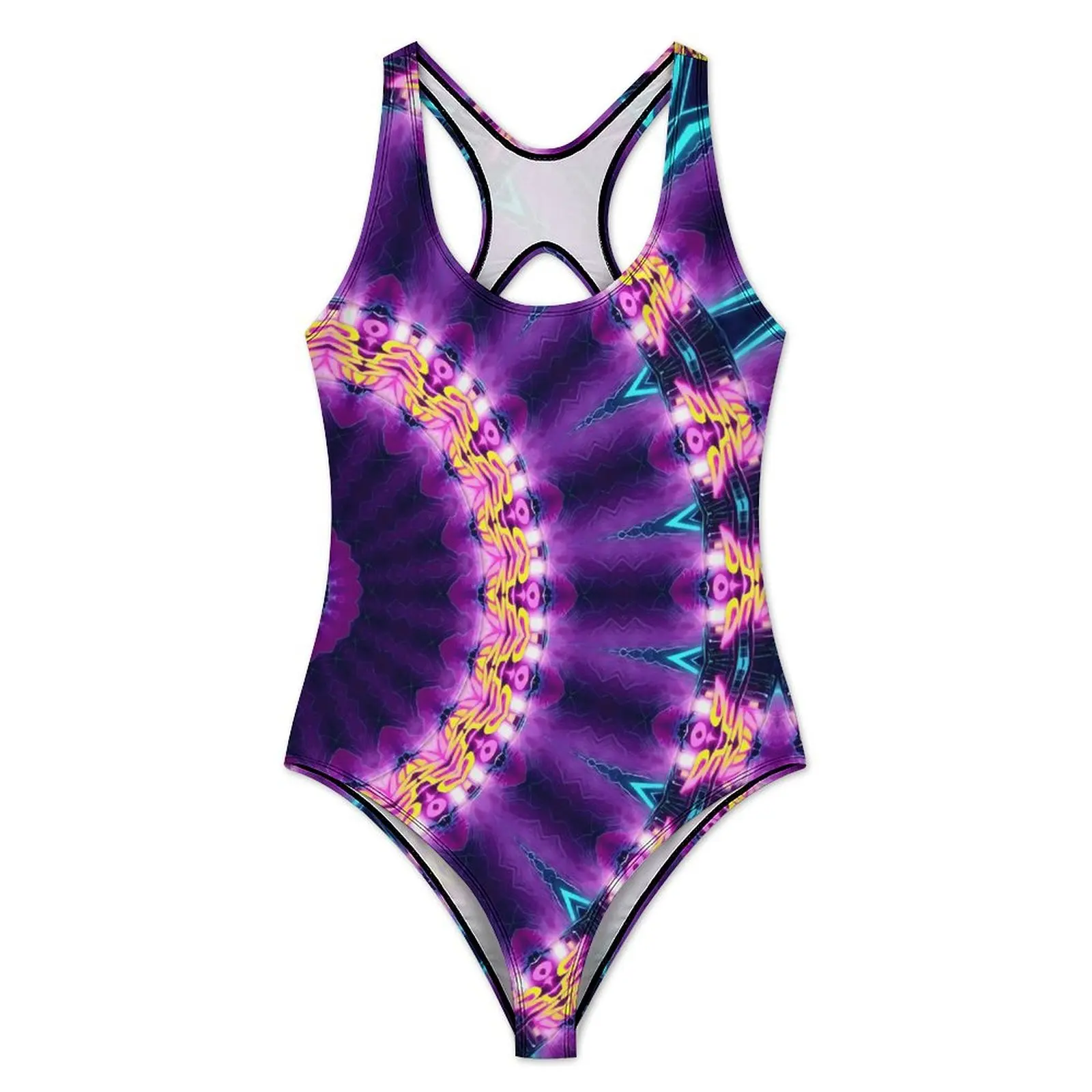 Neon Sunflower Swimsuit Blacklight Mandala Push Up Swimwear One-Piece Sport Bathing Suits Bodysuit Sexy Graphic Beachwear