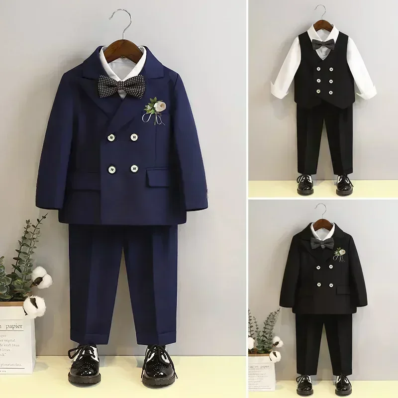 Boys Wedding Suits Fashion Double Breasted Black Formal Child Piano Performance Outfits 2-12 Y Toddler Birthday Party Blazer Set