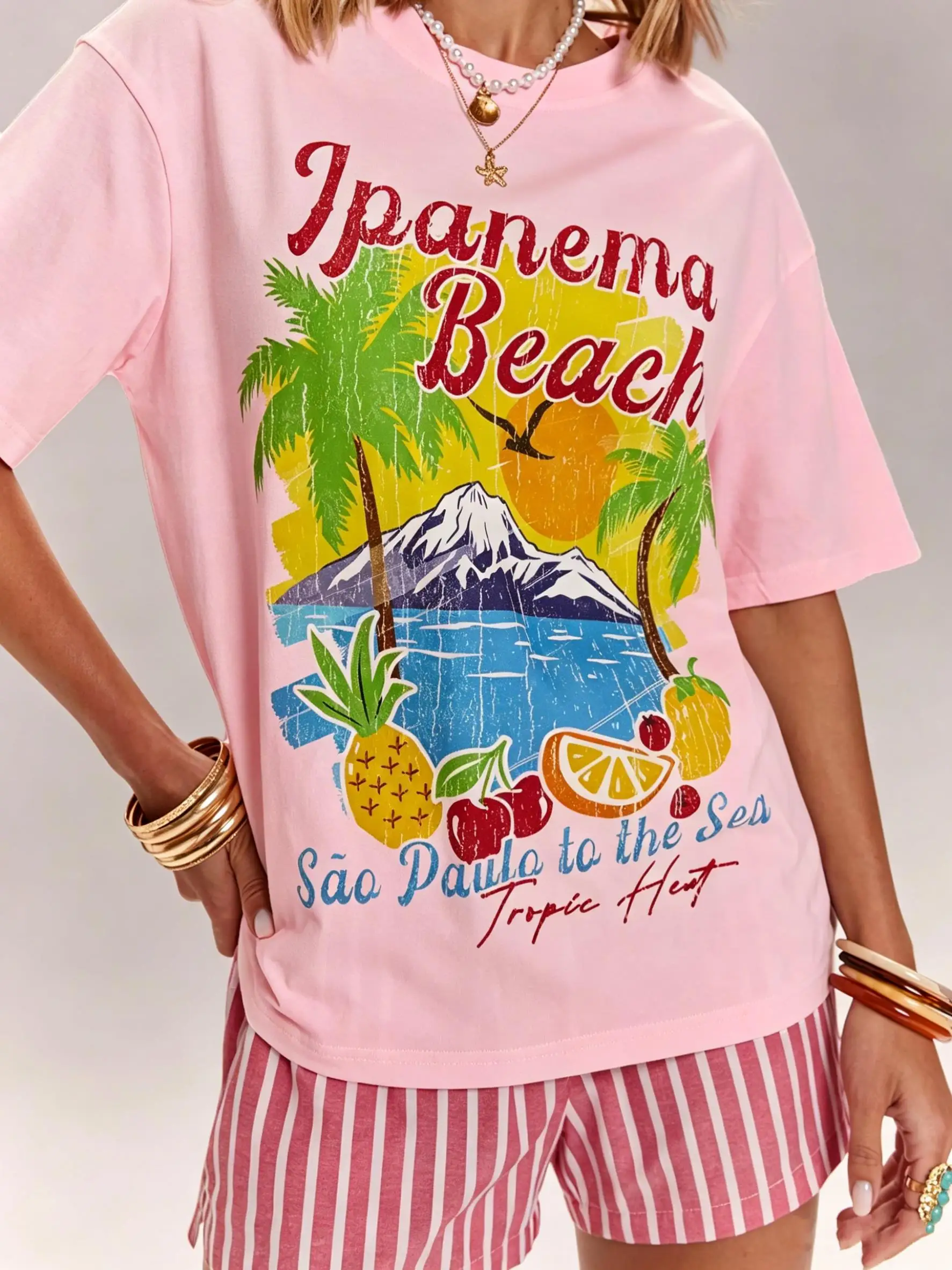 Camisetas con estampado de frutas y cocoteros de Ipanema Beach para mujer, camiseta de verano con cuello redondo, ropa deportiva de algodón para parejas, ropa informal de gran tamaño