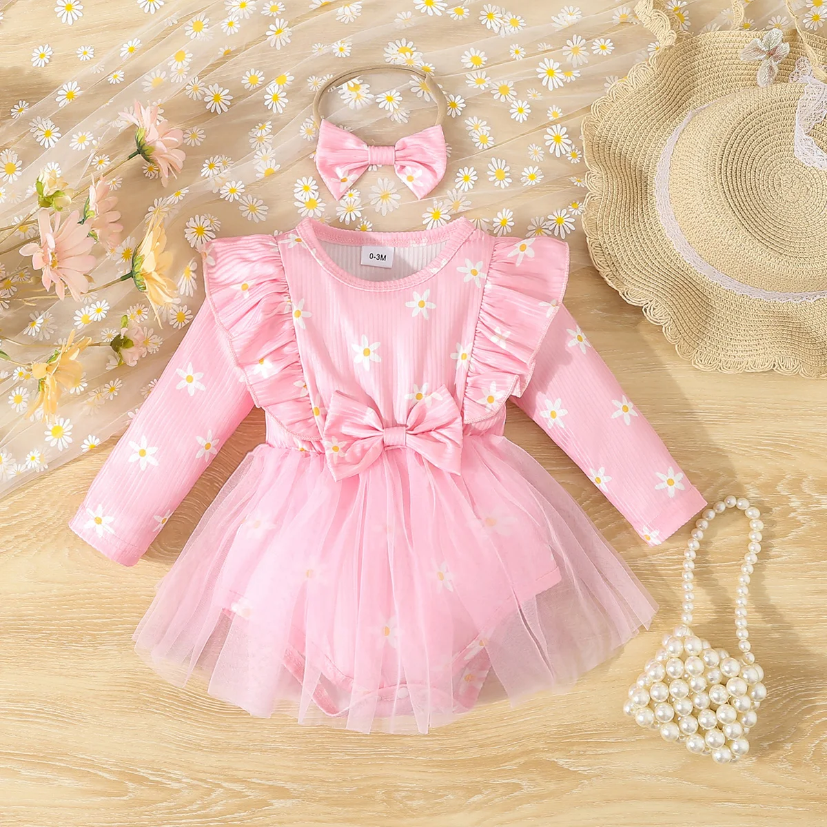 0-2 Years Newborn Baby Girl Dress with Headband 2PCS Suit Set Floral Long Sleeve Lace Mesh Sweet Dress Infant Girl Baby Clothing