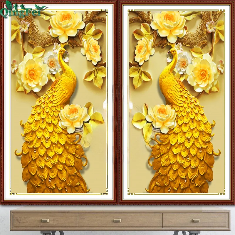 

Qingfei 5D Wealthy Golden Peaco Vertical Diamond Painting Peony Entrance lway Cross Stitch Creative Diamond Artwork