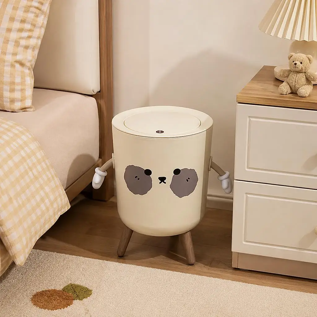 Cute Bear Shape Trash Can with Flip‑Top Lid, Kawaii Cartoon Standing Plastic Garbage Bin with 3 Support Legs & Movable Arms, All‑Plastic Odor‑Sealed Waste Bucket, Decorative Trash Bin for Bedroom, Kids Room, Living Room, Apartment Home Decor