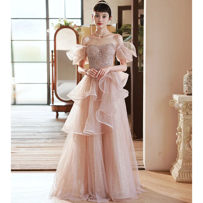 

Exquisite Nude Pink Women Evening Dress Puff Sleeve Boat Neck Cross Lace Up Prom Dresses Ruffles Tiered Party Vestidos Robes