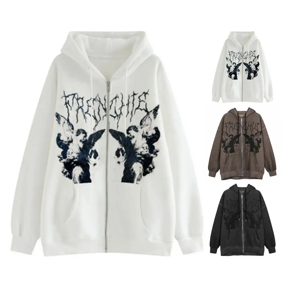 Women Coat Stylish Hooded Zip-up Cardigan with Retro Print Elastic Cuff Hip Hop Vibes for Fall Winter Loose Fit Women Coat