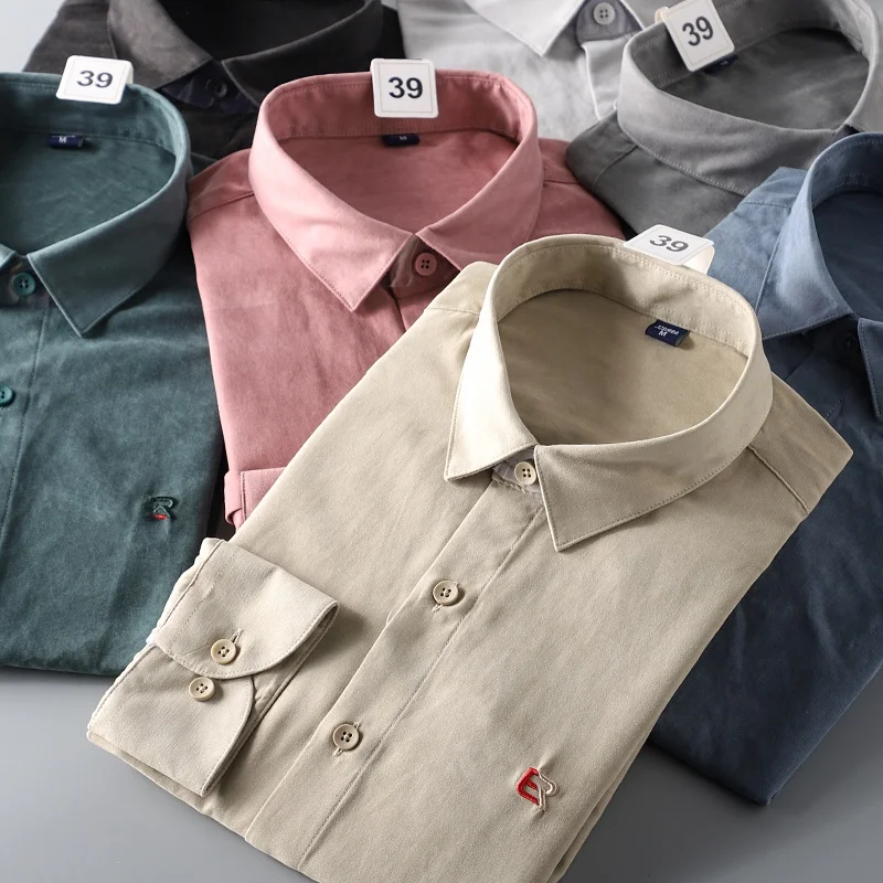 

Мужская рубашка из замшевой ткани премиум-класса с вышивкой, повседневная, с длинным рукавом, новая модель, молодежная, универсальная, для города, из чистого материала.