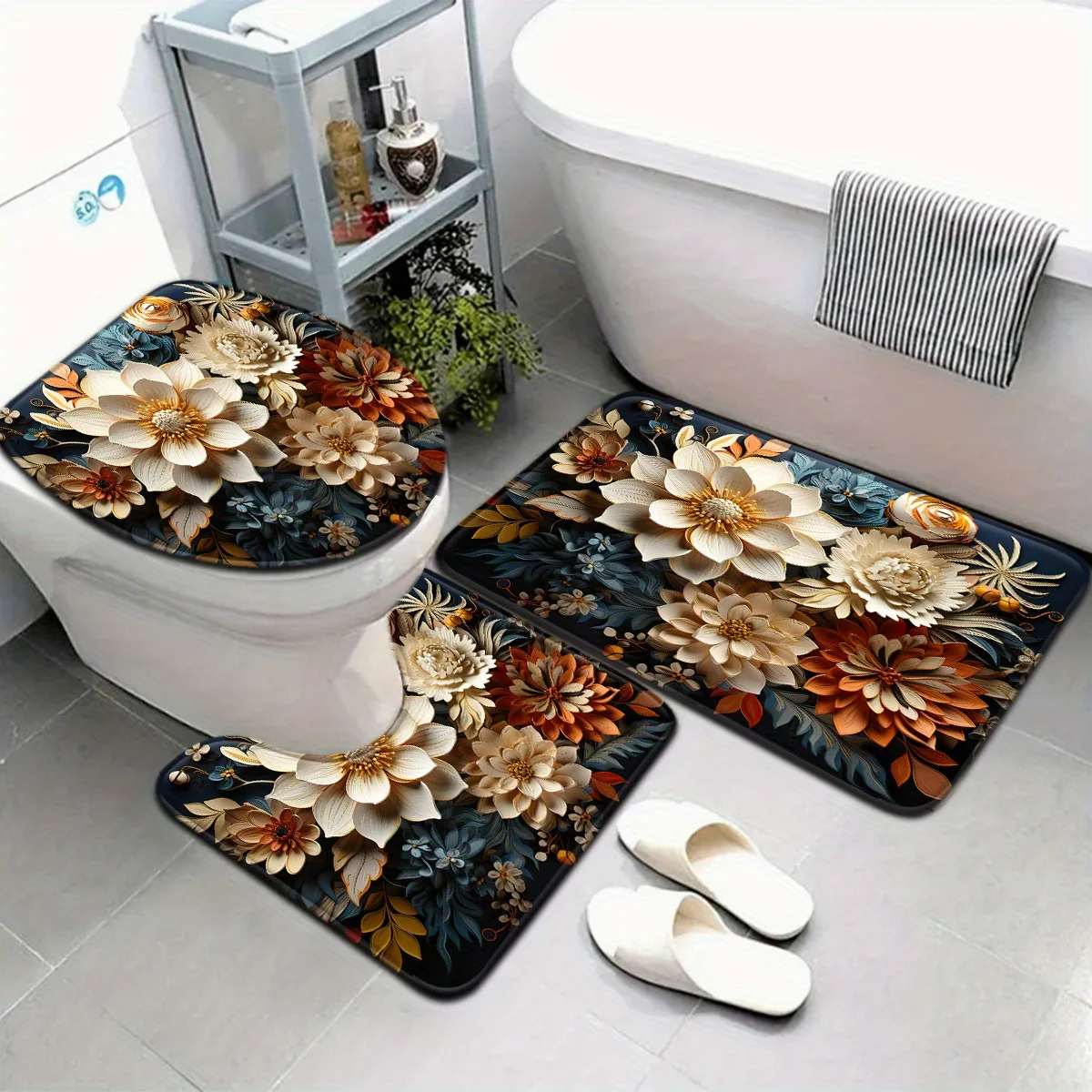 

Элегантный набор для ванной комнаты с 3D цветочным принтом — мягкий и нескользящий контурный коврик, чехол для унитаза и коврик для ванны для роскошного домашнего декора