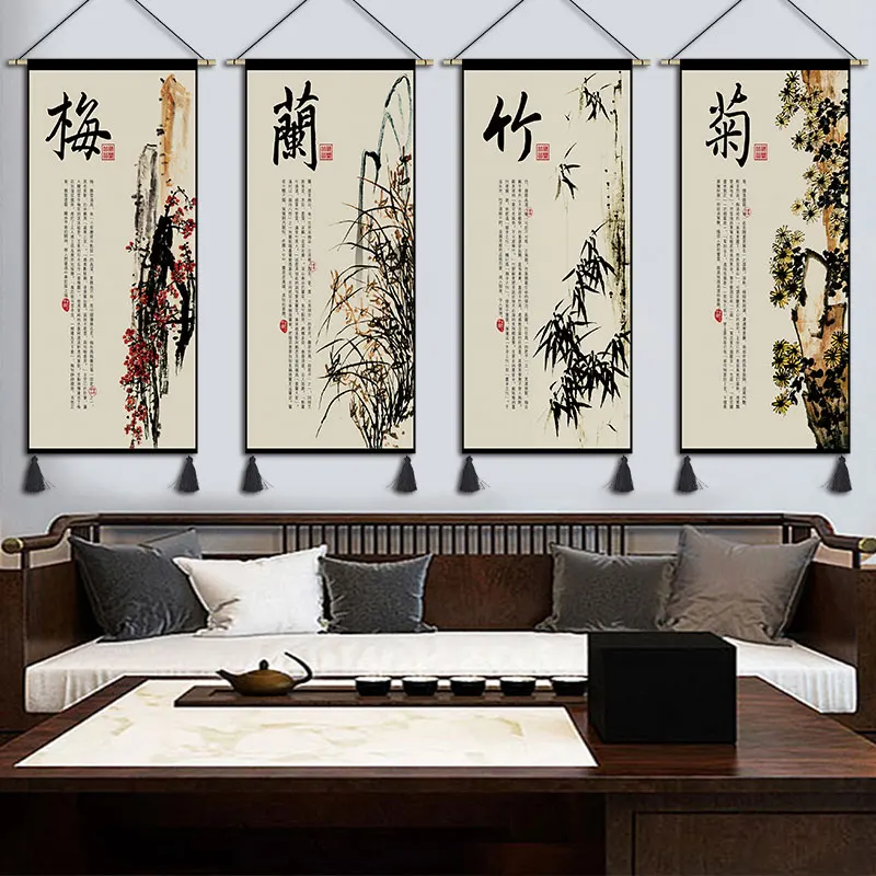 

Chinese ink tapestry, cloth art plum orchid bamboo chrysanthemum hanging painting, home decoration painting, background wall han