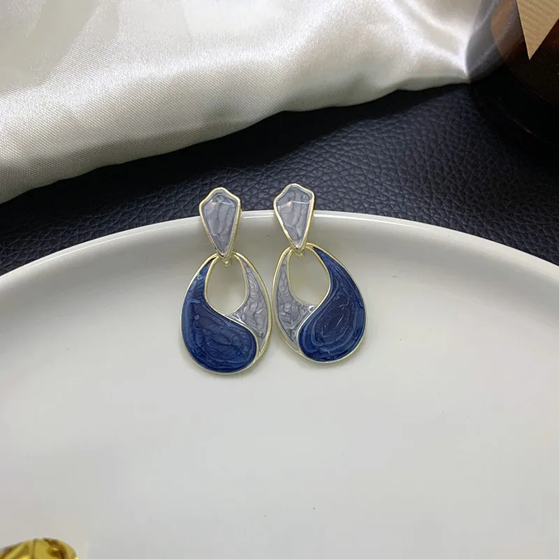 Grey Blue Enamel Oil Hollow Water-drop Dangle Earrings for Women Party Trendy Jewelry Geometric Polygon Drop Earrings