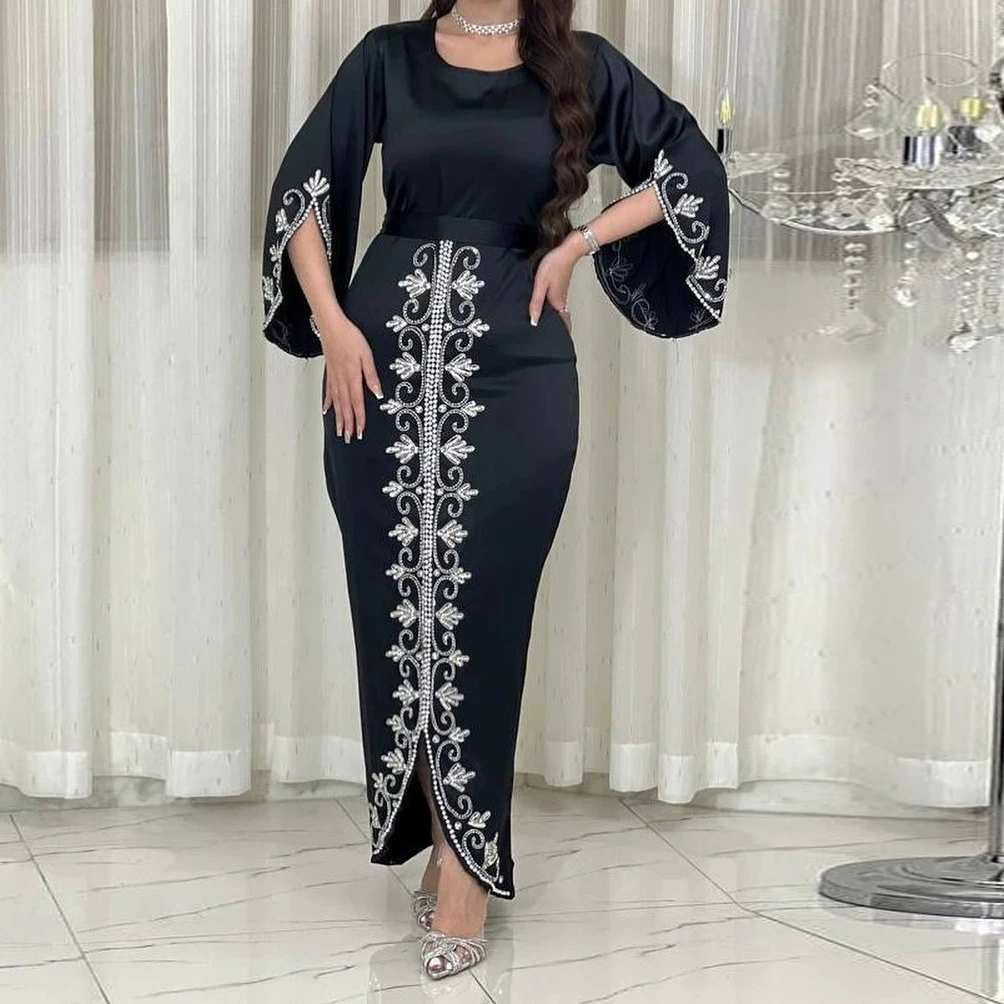 中東女性のドレスクロスボーダーアラブドバイローブファッショナブルなダイヤモンドがちりばめられたソフトサテンイブニングドレス-GZXX568