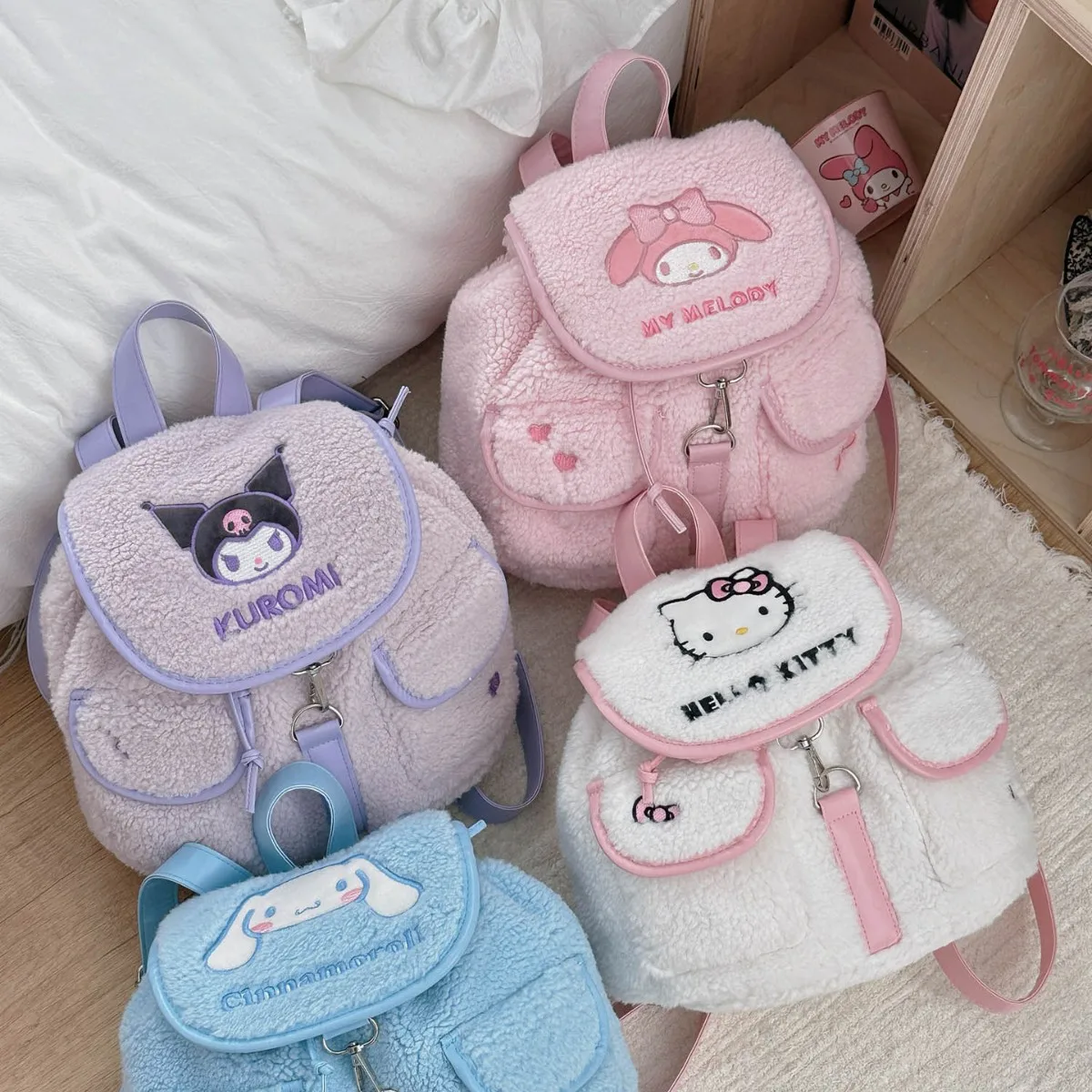 

Плюшевый рюкзак Sanrio на шнурке, осенне-зимний, женский, большой вместимости, милый мультяшный рюкзак, городской рюкзак