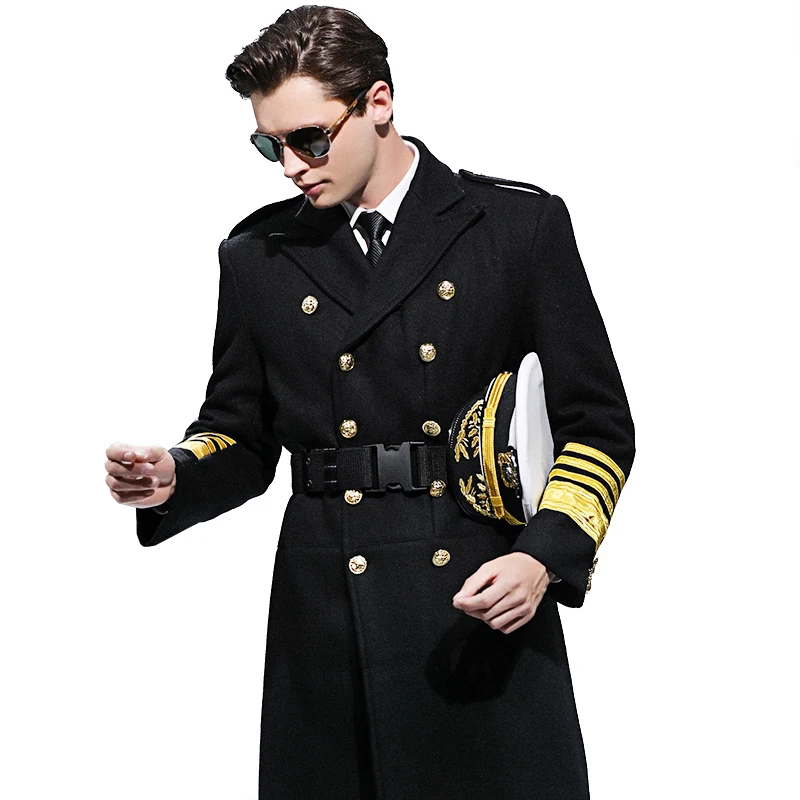 Pilot Uniform Captain Woolen Coat Thickened Plus Cotton Long Aviation Blends Security Concierge Seaman Flight Attendant Topcoat