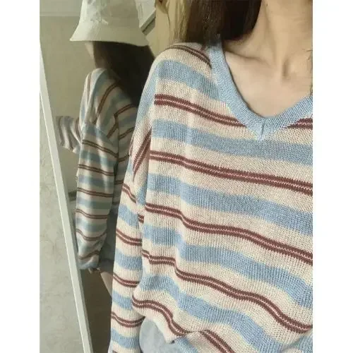 Lazy Striped V-neck Long-sleeved Knitted Tops Women 2025 Autumn New Bottoming T-shirts Y2k Long Sleeve Loose Tee Shirt