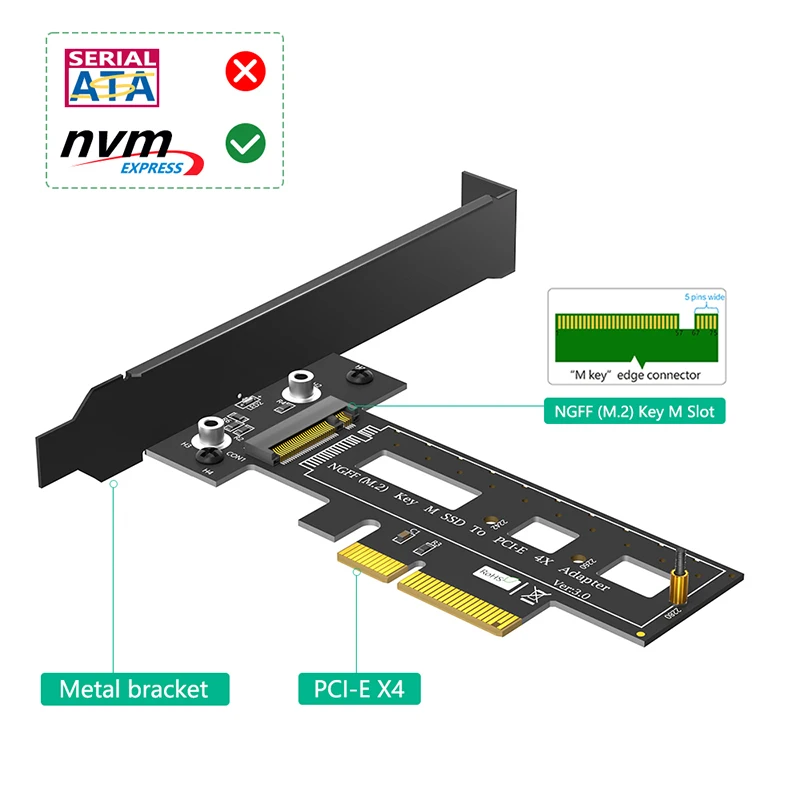 PCIE X4 NVME Adapter with Heatsink Low Bracket Support NVME M Key 2242 2260 2280 M2 SSD PCI Express 3.0 to M.2 Riser Card for PC