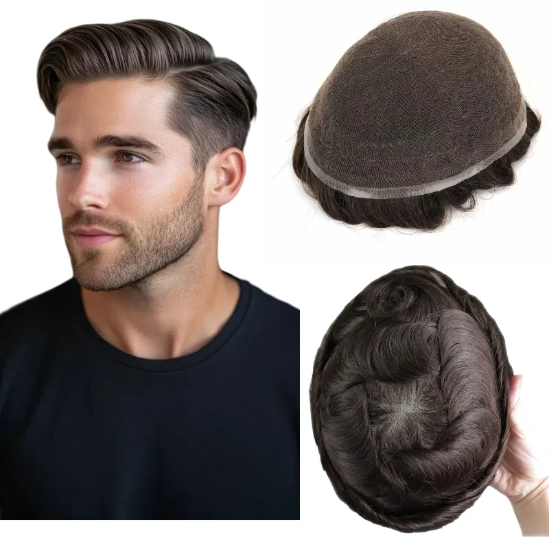 

Дышащий полный кружевной парик для мужчин | Замена парика из 100% человеческих волос, против пота и зуда