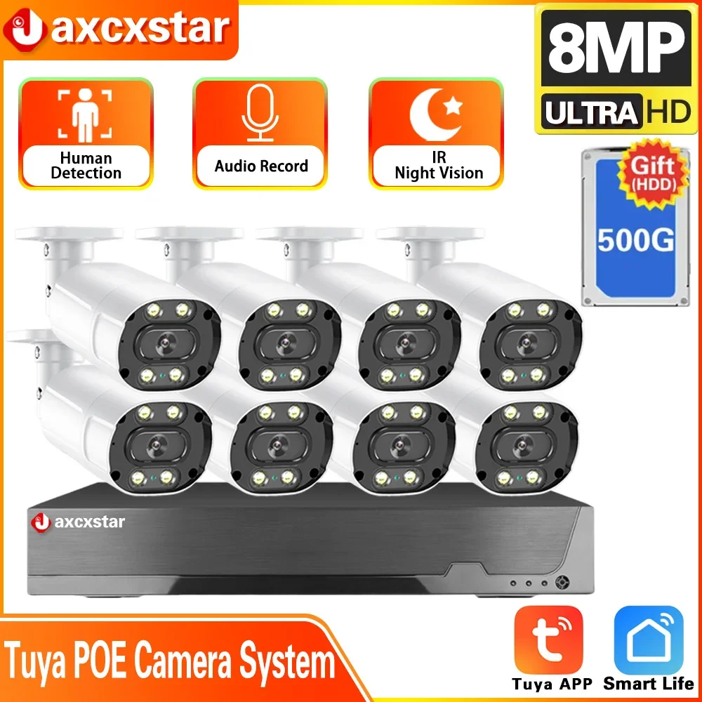 

8CH 4K Tuya POE NVR Security System 8MP/5MP Outdoor IP66 Waterproof Home CCTV Camera Set Gun Camera Video Security Audio Record