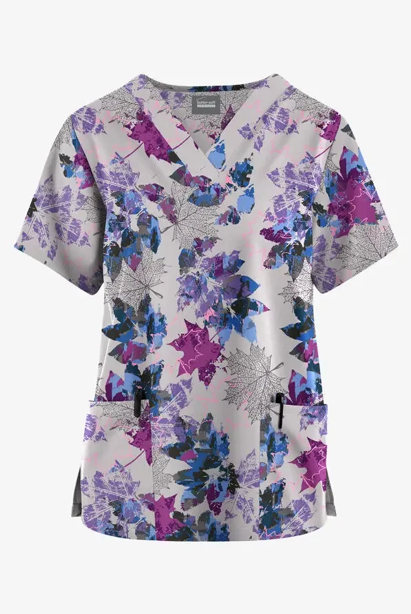 فستان جراحي لطيف للنساء مع فستان سرير بيطري أنيق مطبوع برقبة على شكل حرف V وأكمام قصيرة للنساء