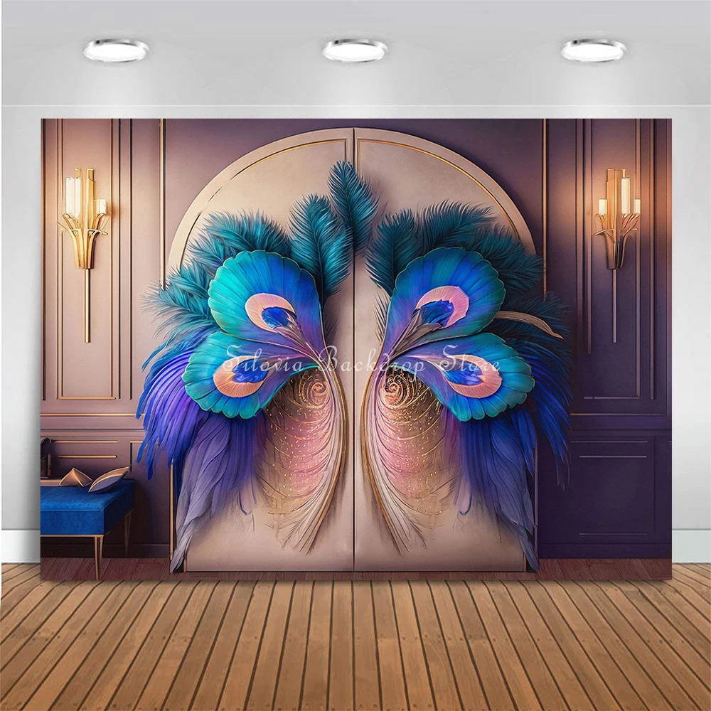 Peacock Blue Wings Photo Background Gorgeous Feather Newborn Baby Kids Portrait Photo Studio Props Birthday Photography Backdrop