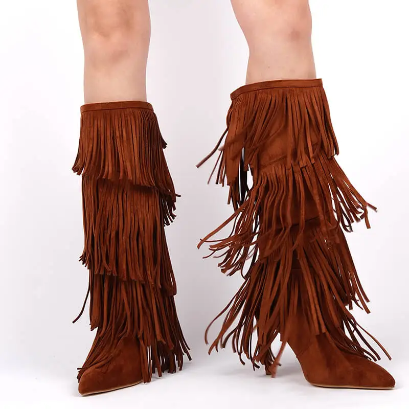 Onlymaker Women Pointed Toe Fringe Boots Comfy Pull On Mid Calf Thin Heel Pull-on Knee High Boots