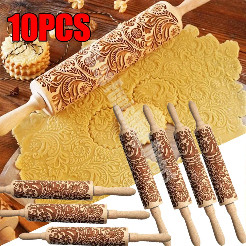 

10pc Wooden European Window Grilles Embossed Rolling Pin For Kitchen Pastry Baking Tools Deep Engraving Cookies Stamp Tool