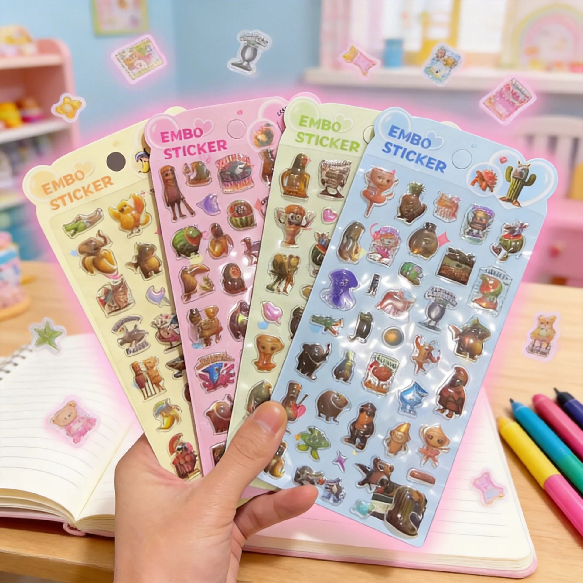 

4pcs 3D Hollow Laser Relief Tonton Sahula Shan Hai Jing Decals Stereo 3D Crystal Stickers Kids DIY Handmade Decor