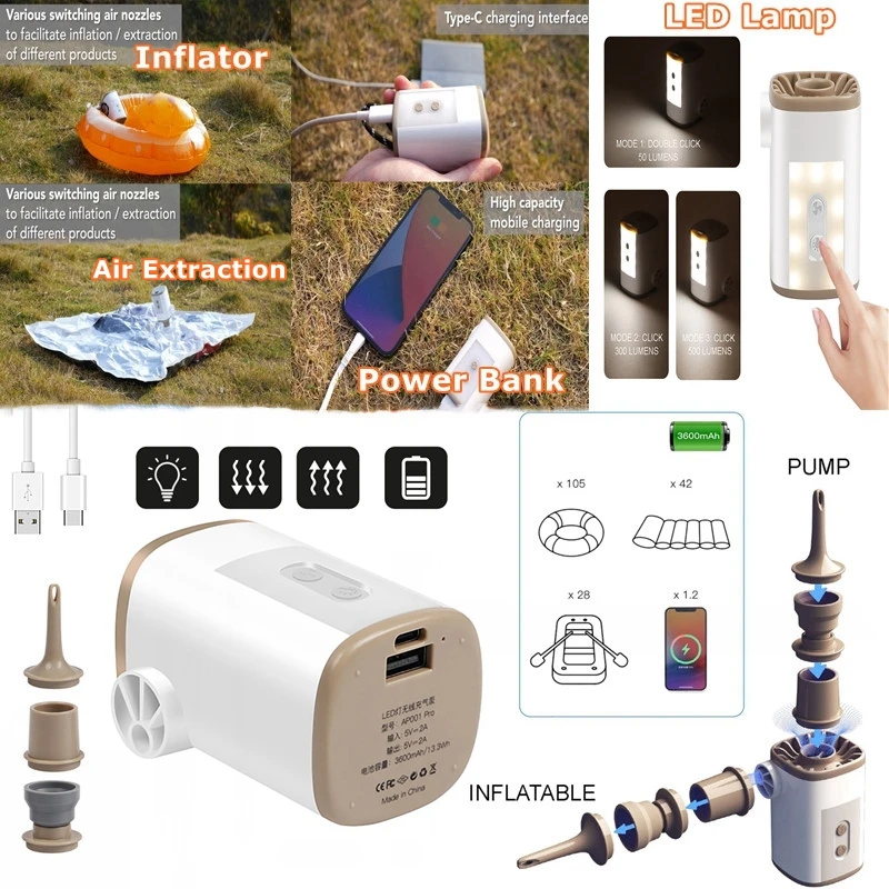 

4 In 1 Power Bank Inflator Compressor LED Light Lamp Camping Outdoor Multifunctional Air Pump Lighting USB Charging Inflator New