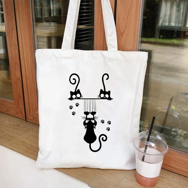 Bolso grande de hombro de lona Harajuku con estampado de gato de dabjos animados para mujer bolso de compras يوميات غير رسمية #1