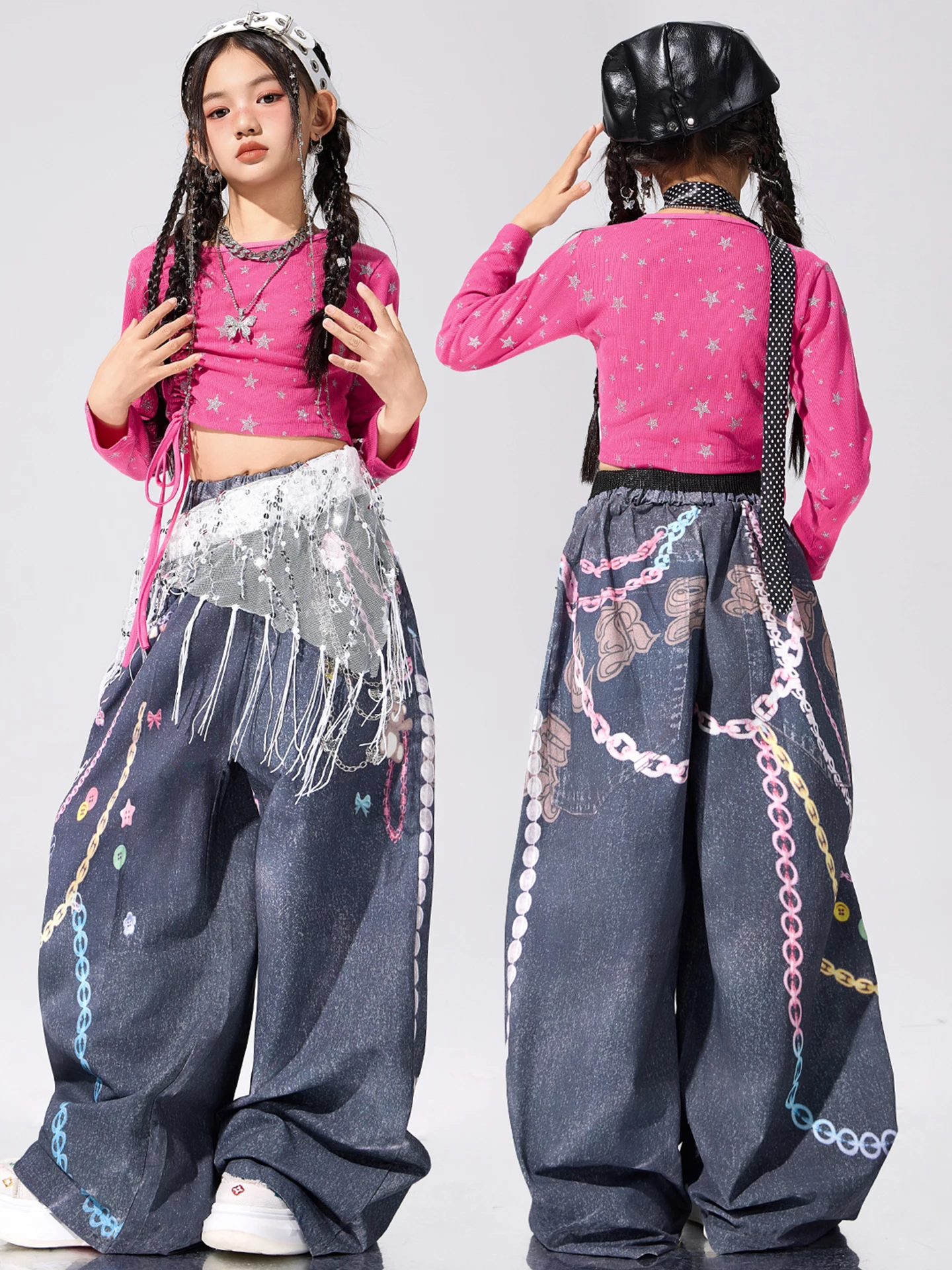 

New Jazz Dance Costume Girls Groups Clothes Pink Long Sleeve Top Jeans Hip Hop Clothing Streetwear Team Stage Clothes DN22473