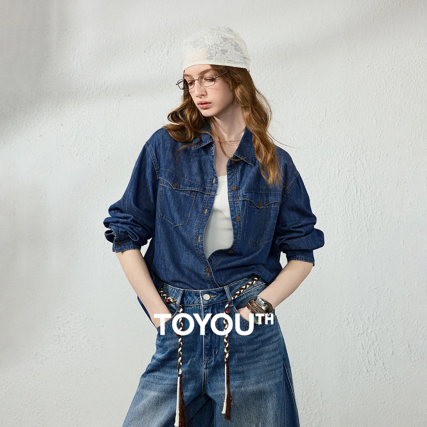TOYOUTH Women Shirt 2026 Autumn New Loose Workwear Denim 100% Cotton Arrow Flap Pocket Open Shirt Outerwear