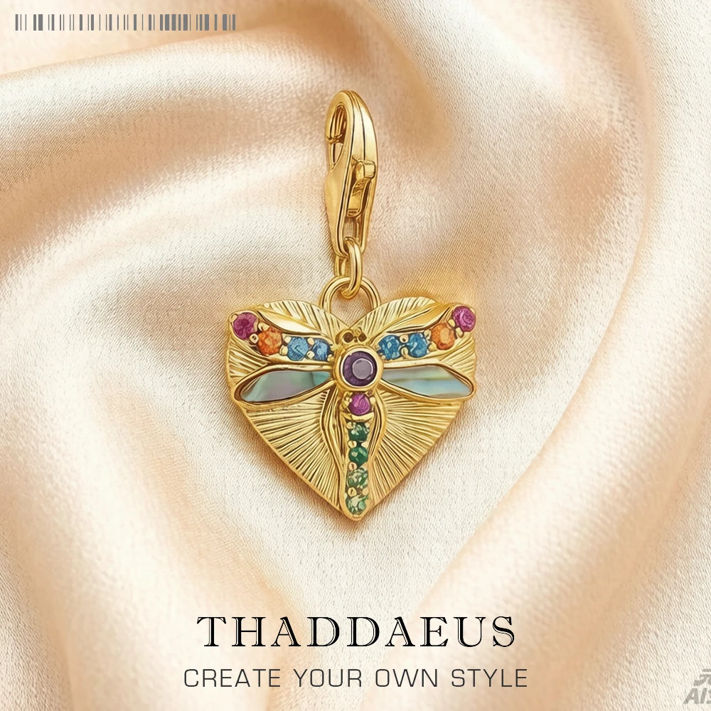 Heißer Modeschmuck, mehrfarbig, goldfarbener Libellen-Herz-Anhänger, baumelnder Charme, reines 925er-Sterlingsilber, Böhmen-Geschenk für Frauen