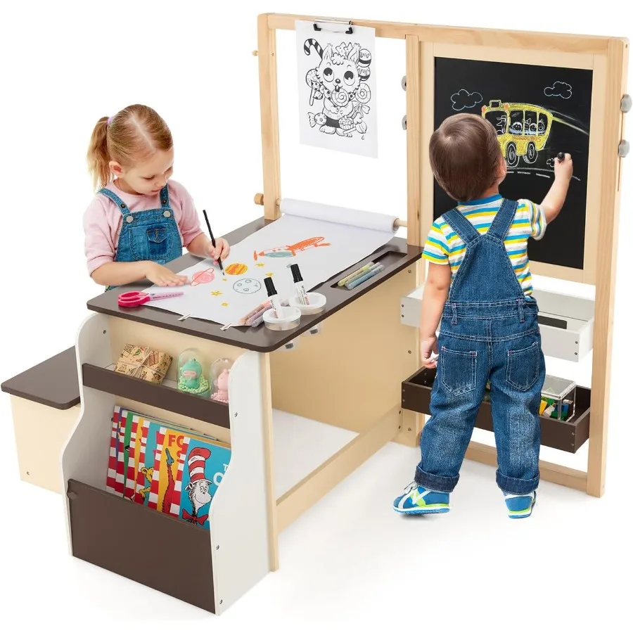

Costzon Easel for Wooden Art Center with Double-Sided Blackboard and Whiteboard Paper Roll for Drawing Crafts Writing Toddler A