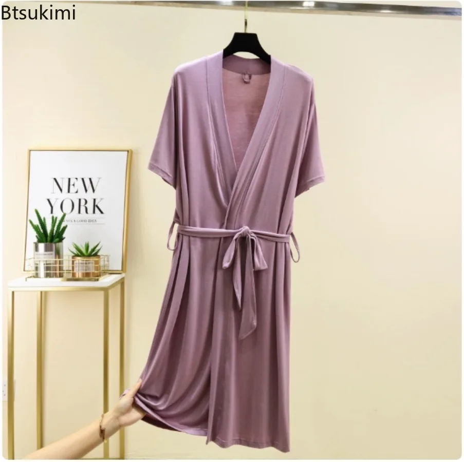 Soft Modal Robes for Women Summer Thin Short Sleeve Loose Bathrobes Solid Lace Up Nightgown Home Service Hotel Bath Robes Women