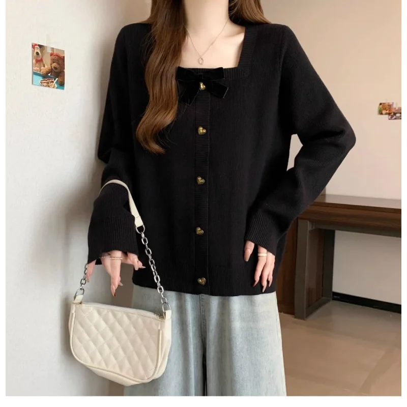 Autumn and Winter Bow-reducing Age-reducing Sweater Loose Base Square Collar Long-sleeved Top